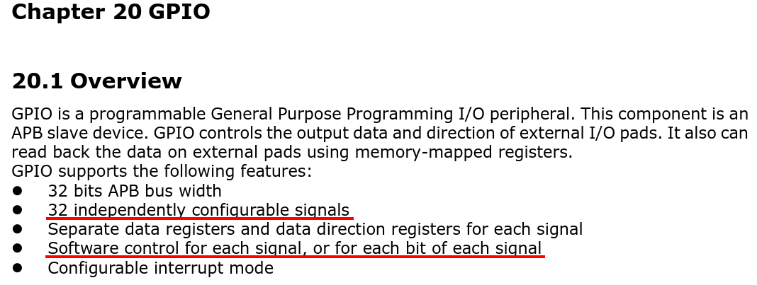Reference manual 'GPIO Overview' section describing the the bit-signal mapping